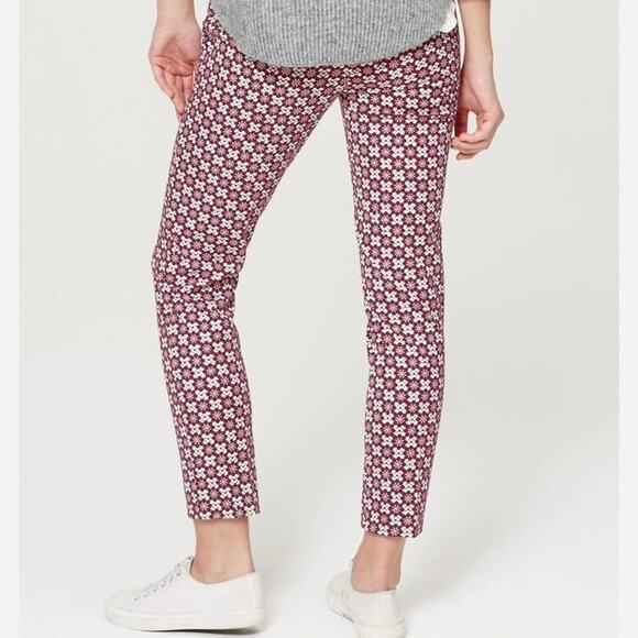 Ann Taylor Loft Julie Skinny Ankle Pant Size 8 Red Gray Print High Rise Stretch - Picture 1 of 14